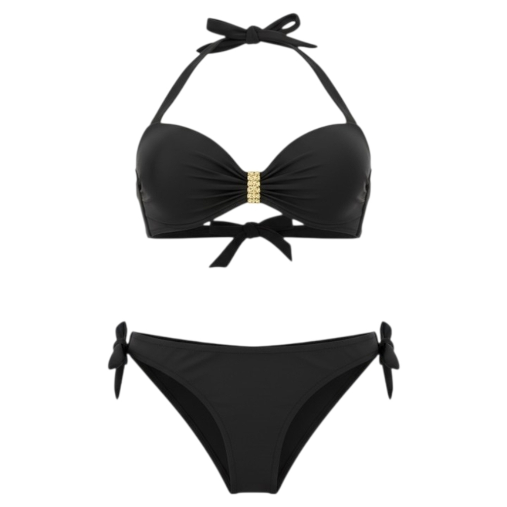 Black Halter Bikini Set with Gold Accent - Women Swim